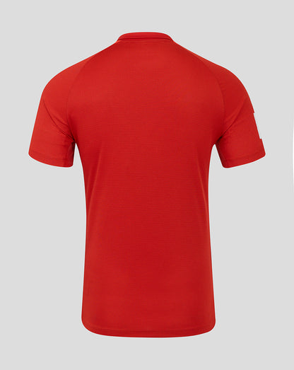 Back view of red England Cricket T20 Pro Shirt 25/26 with raglan sleeves and subtle mesh texture.