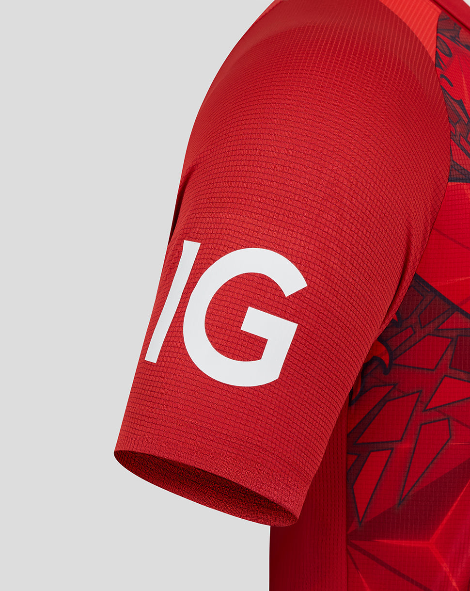Close-up of red England T20 Pro Shirt 25/26 sleeve with bold white graphic.