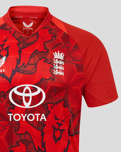 Front view of England Cricket T20 Pro Shirt 25/26 with team crest and Toyota logo on a red graphic pattern