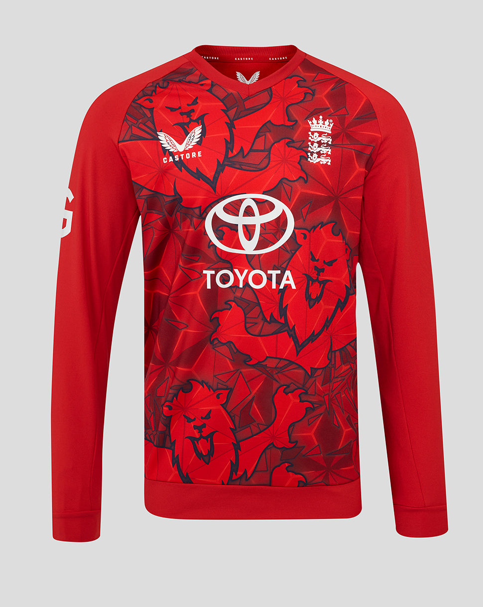 Front view of England Cricket T20 Sweater 25/26 featuring a red graphic pattern and Three Lions crest