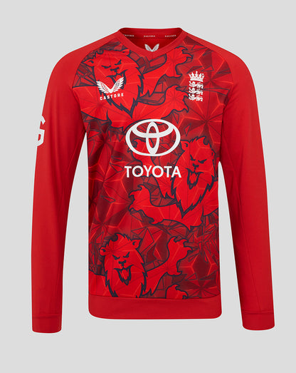 Front view of England Cricket T20 Sweater 25/26 featuring a red graphic pattern and Three Lions crest