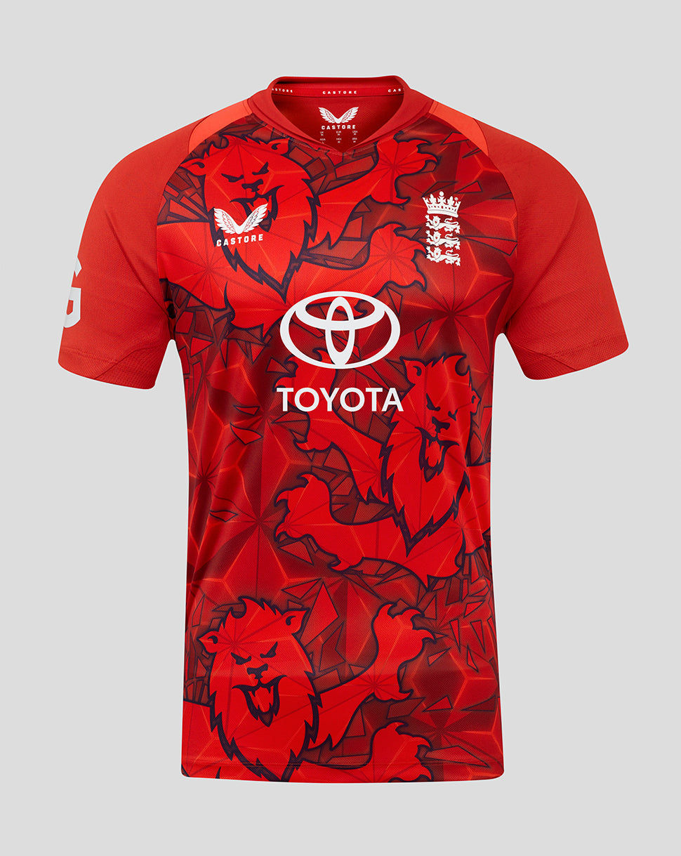 Front view of red England T20 shirt with graphic lion motif and Toyota sponsor logo.