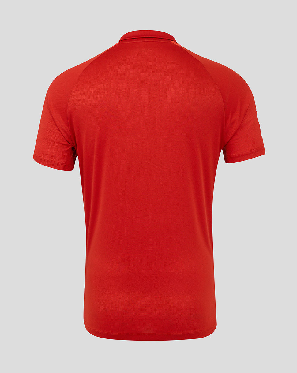 Back view of red England T20 shirt highlighting raglan sleeves and clean plain back.