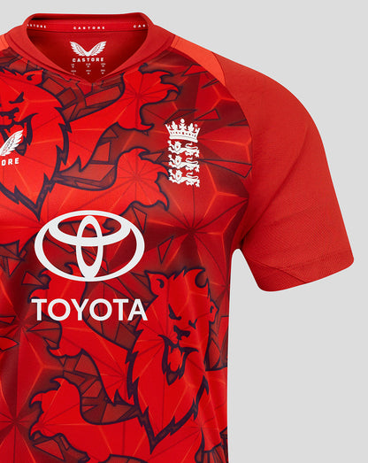 Front close-up of the red England 25/26 T20 shirt showing crest and Toyota logo