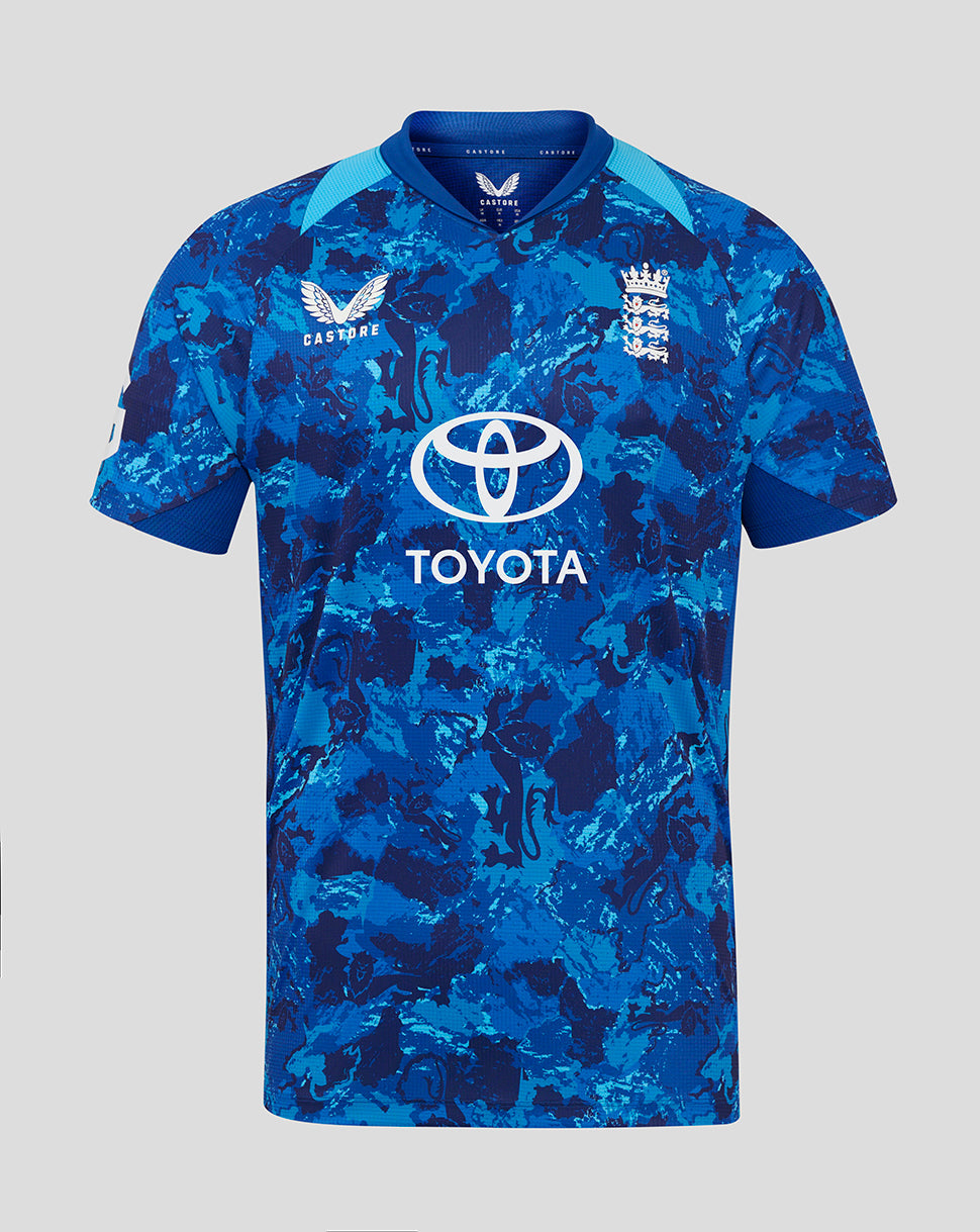 England ODI Pro short sleeve cricket jersey in blue camouflage pattern with England crest and Toyota sponsor logo