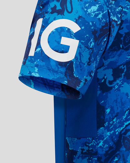 Close up of blue camo sleeve with bold white graphics on ODI Pro Short Sleeve Shirt