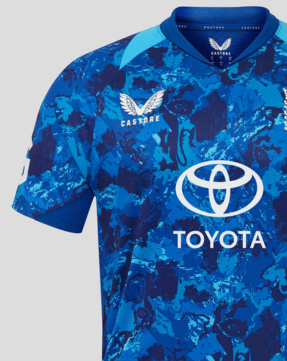 England ODI Pro short sleeve cricket shirt in blue camouflage with Toyota sponsor and England crest