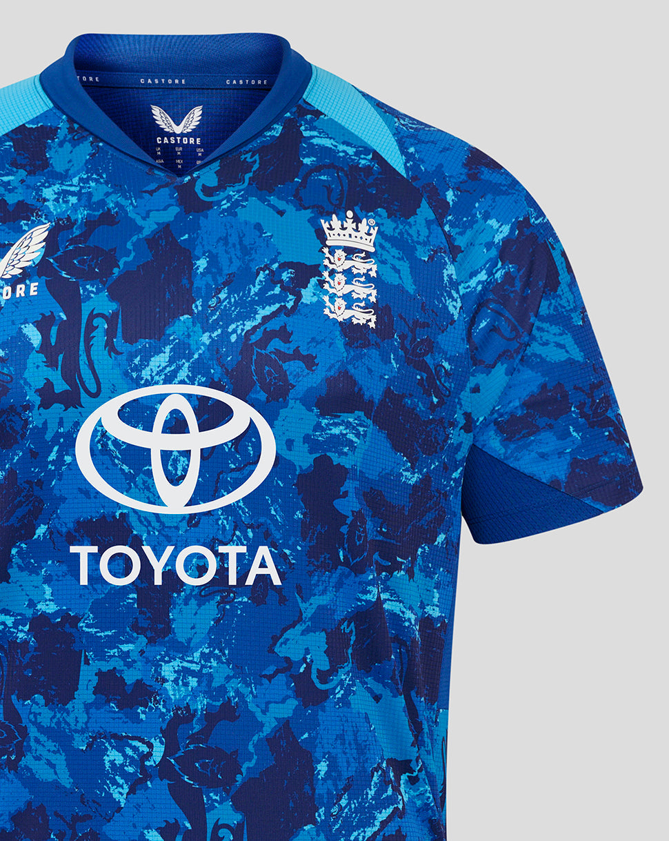 Front view of blue camouflage ODI Pro Short Sleeve Shirt with Toyota logo and team crest