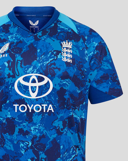 Front view of blue camouflage ODI Pro Short Sleeve Shirt with Toyota logo and team crest