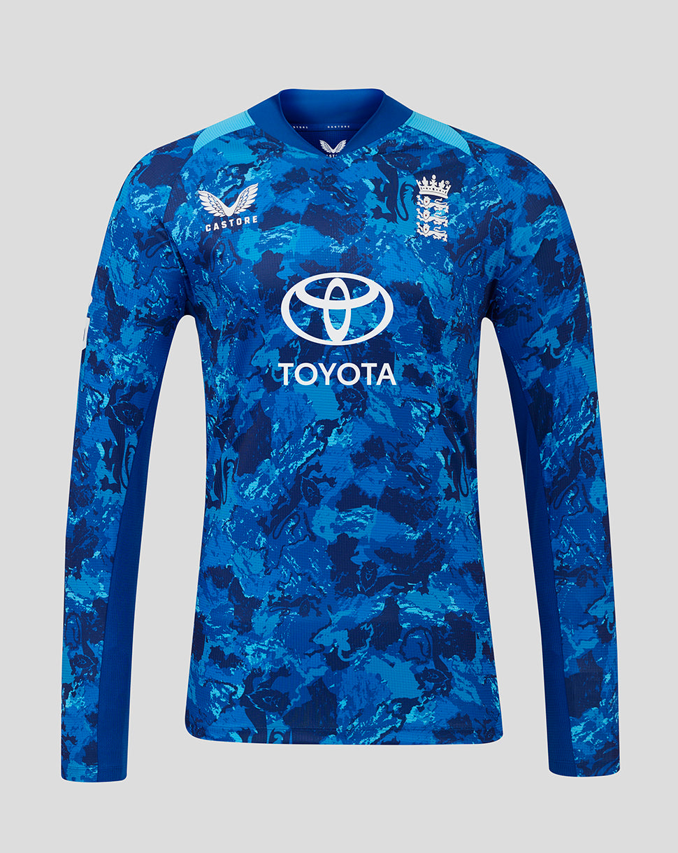 England ODI Pro long sleeve cricket shirt in blue camouflage with Toyota sponsor and England crest