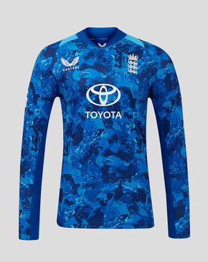 England ODI Pro long sleeve cricket shirt in blue camouflage with Toyota sponsor and England crest