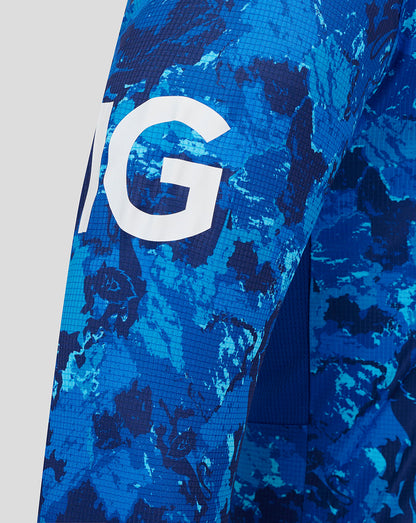 Blue camouflage long sleeve England ODI cricket shirt with a bold white sleeve logo