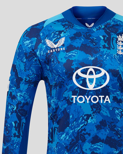 Blue camouflage England ODI Pro Long Sleeve jersey showing the England crest on the chest and Toyota sponsor logo