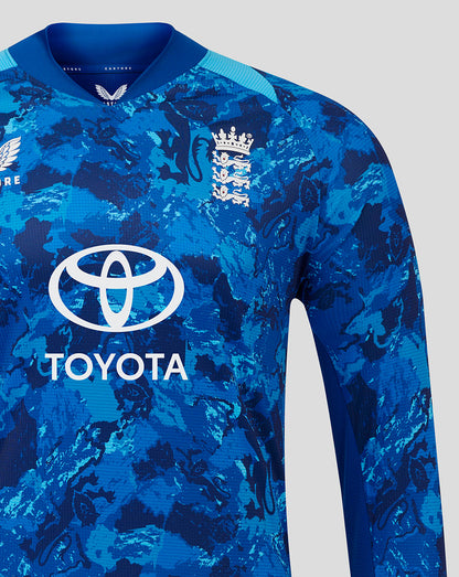 Front view of blue camo print England ODI Pro Long Sleeve jersey featuring Toyota logo