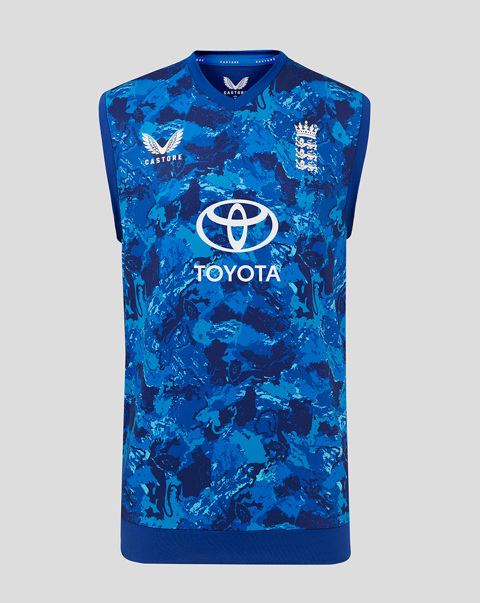 Front view of blue camo sleeveless England cricket vest with England crest, Castore logo and Toyota sponsor.