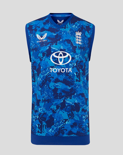 Front view of blue camo sleeveless England cricket vest with England crest, Castore logo and Toyota sponsor.