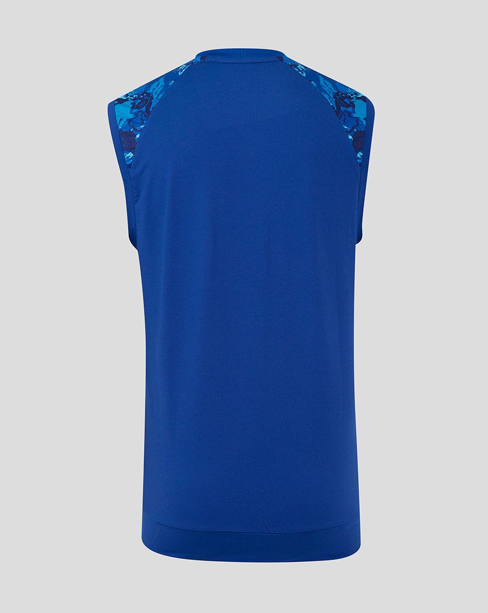 Back view of royal blue sleeveless England cricket vest with patterned shoulder panels.