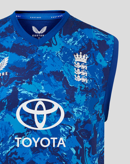England ODI sleeveless cricket vest in blue camo print with England crest and Toyota logo.