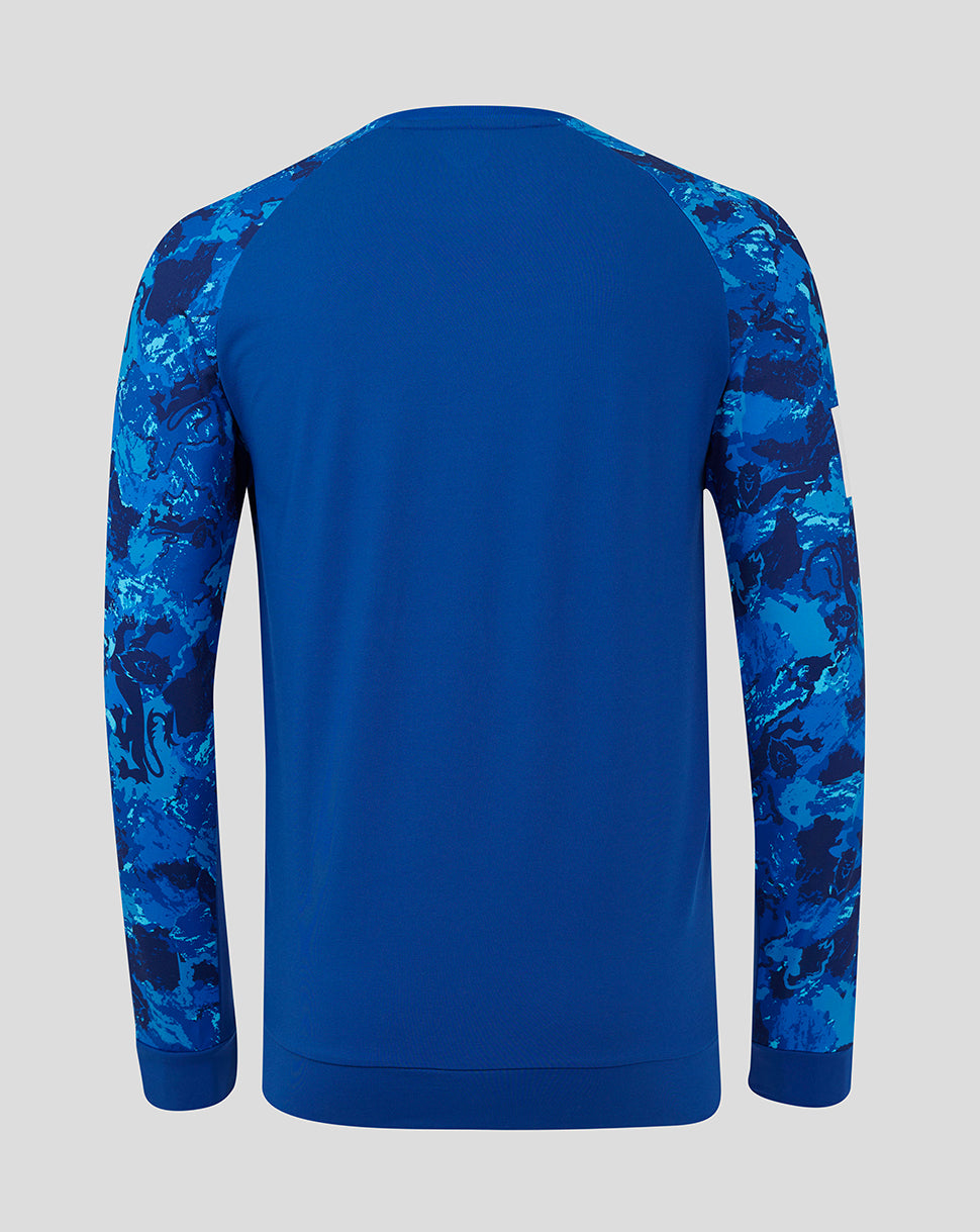 Back view of England ODI men's sweater with solid blue torso and camo sleeves.