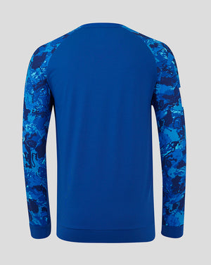Back view of England ODI men's sweater with solid blue torso and camo sleeves.