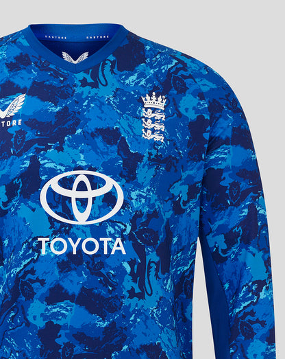 Front view of blue camouflage England cricket ODI sweater featuring England crest on chest and Toyota logo, V-neck.