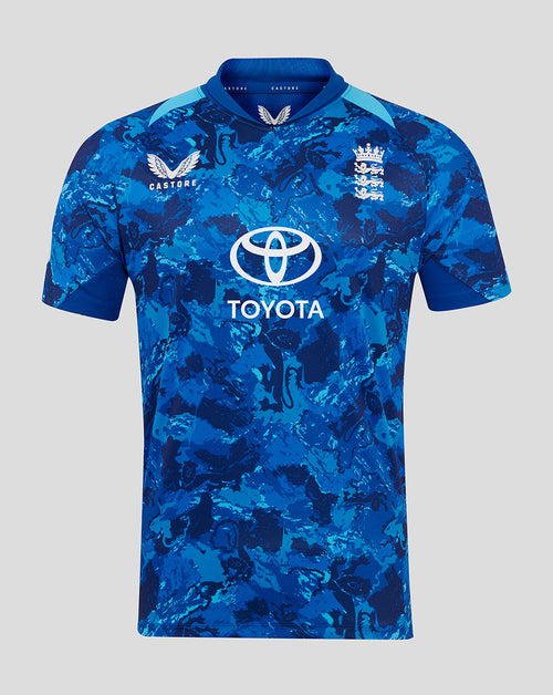 Front view of blue camouflage ODI shirt with Three Lions crest Castore logo and Toyota sponsor.