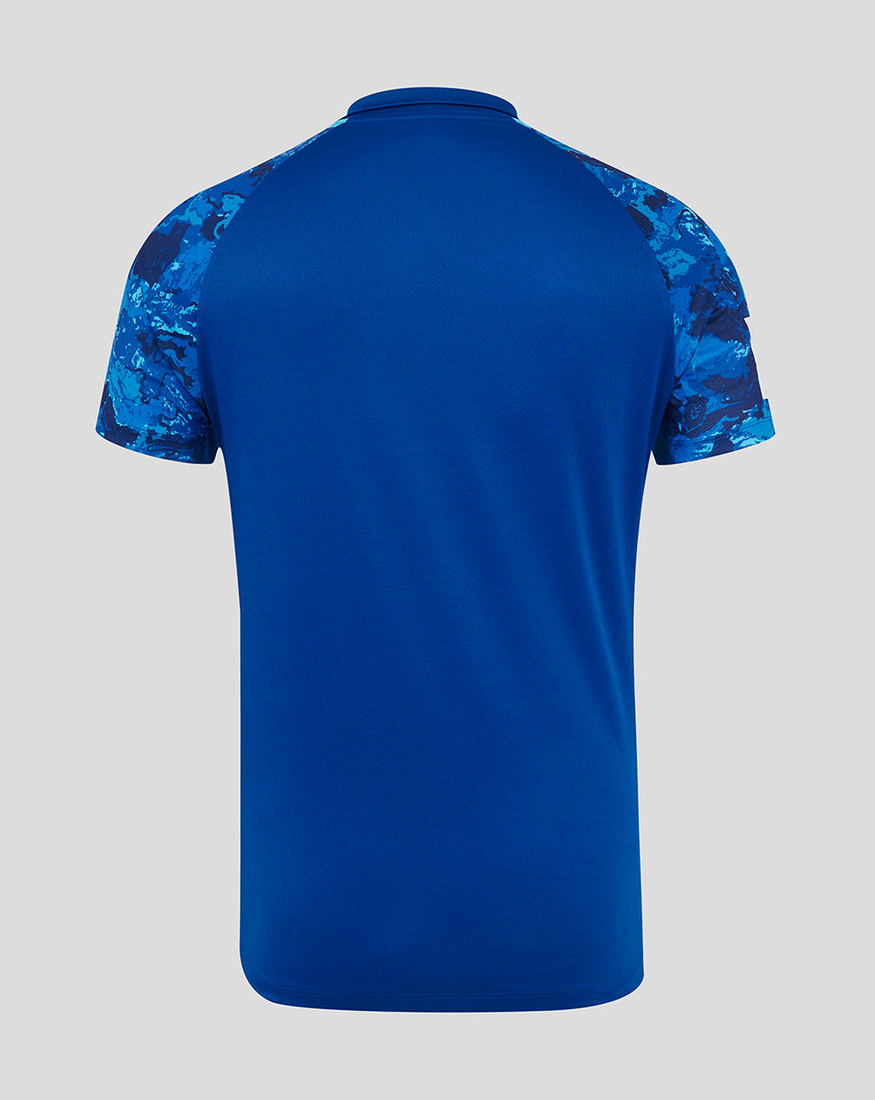 Back view of royal blue England ODI shirt with camo patterned sleeves