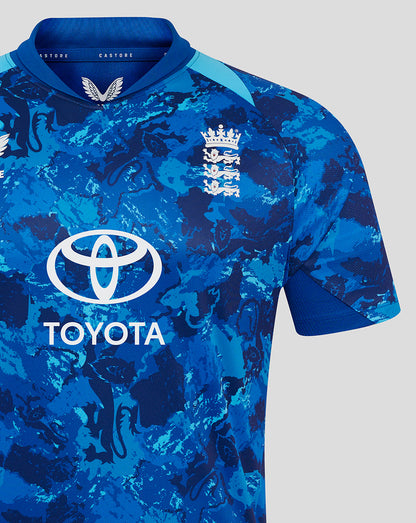 England ODI men's short sleeve cricket shirt in blue camouflage featuring the Three Lions crest and Toyota logo