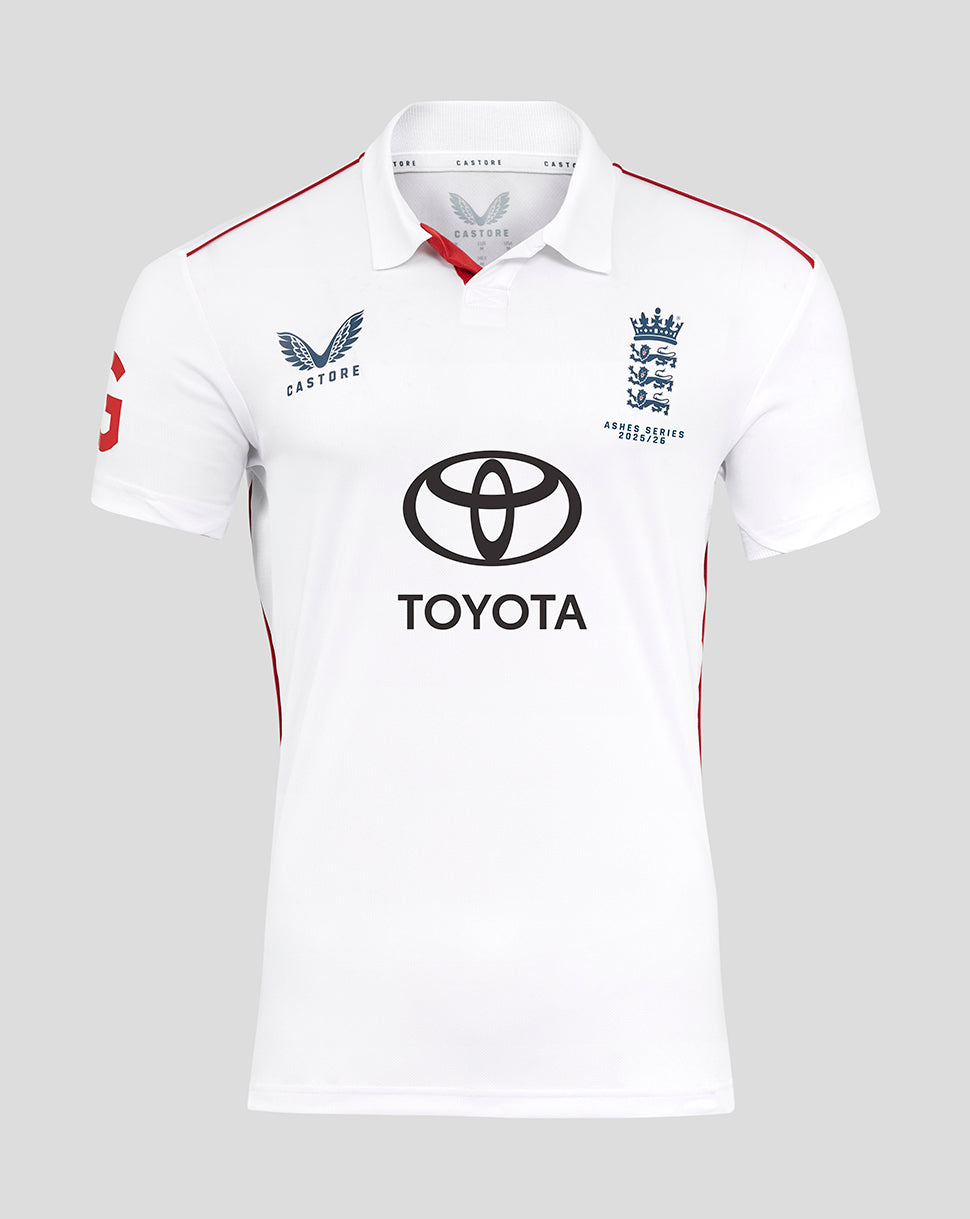 Front view of a white England men's Ashes 25/26 limited edition replica shirt with Toyota sponsor logo and team crest