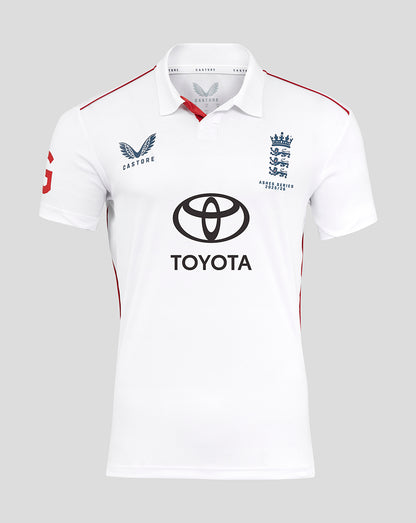 Front view of a white England men's Ashes 25/26 limited edition replica shirt with Toyota sponsor logo and team crest