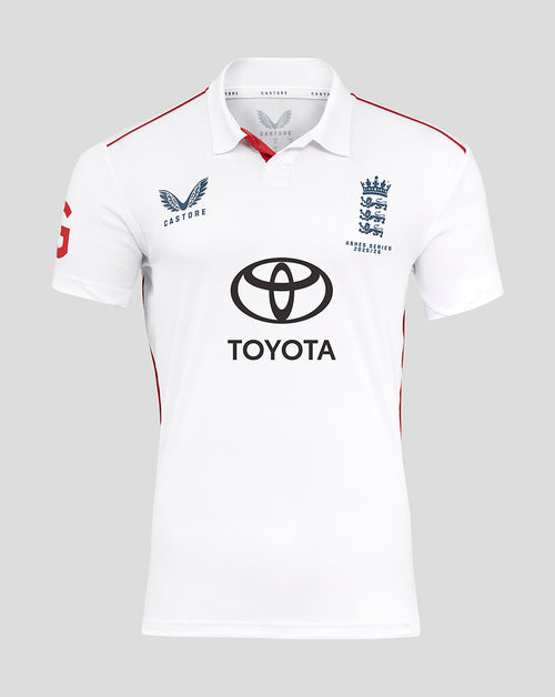 Front view of a white England men's Ashes 25/26 limited edition replica shirt with Toyota sponsor logo and team crest