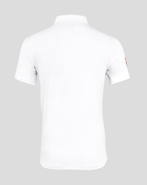 Back view of a white England men's Ashes replica shirt showing a small crest at the collar area