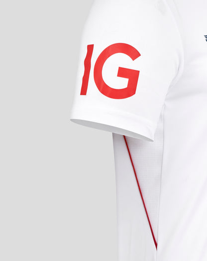 Sleeve detail of white England Ashes replica shirt showing large red letters IG and red piping.
