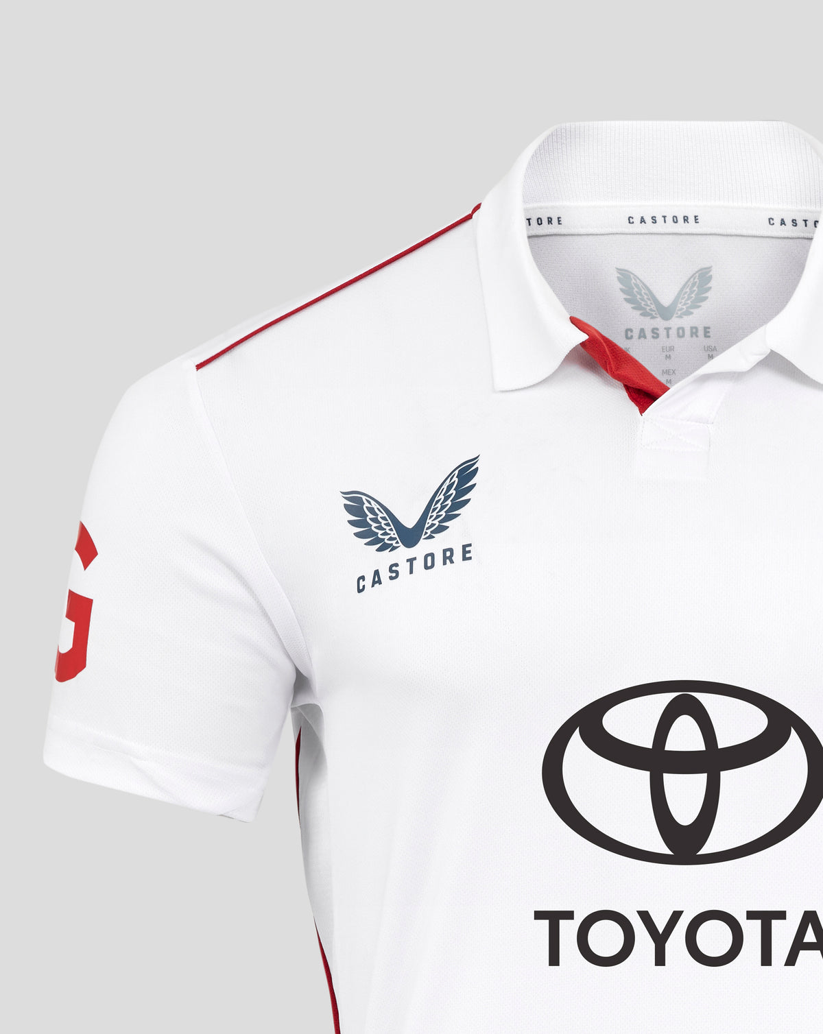White England Ashes replica shirt close up with Castore neck tape and red shoulder piping.