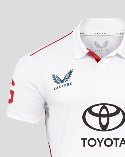 White England Ashes replica shirt close up with Castore neck tape and red shoulder piping.