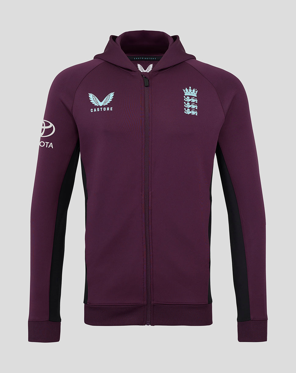 Purple England Cricket Training men's full zip hoodie with hood and chest team logos