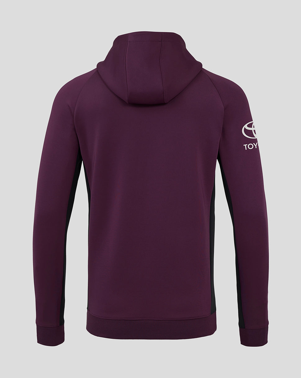 Back view of England Cricket Pro Full Zip Hoodie in plum with black side panels and Toyota logo on the left sleeve