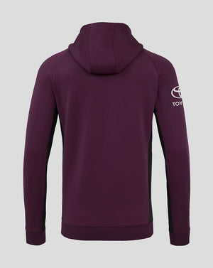 Back view of England Cricket Pro Full Zip Hoodie in plum with black side panels and Toyota logo on the left sleeve