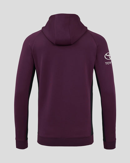 Back view of England Cricket Pro Full Zip Hoodie in plum with black side panels and Toyota logo on the left sleeve
