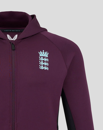 Plum England crest logo on left chest of full-zip training hoodie with visible zip and hood detail