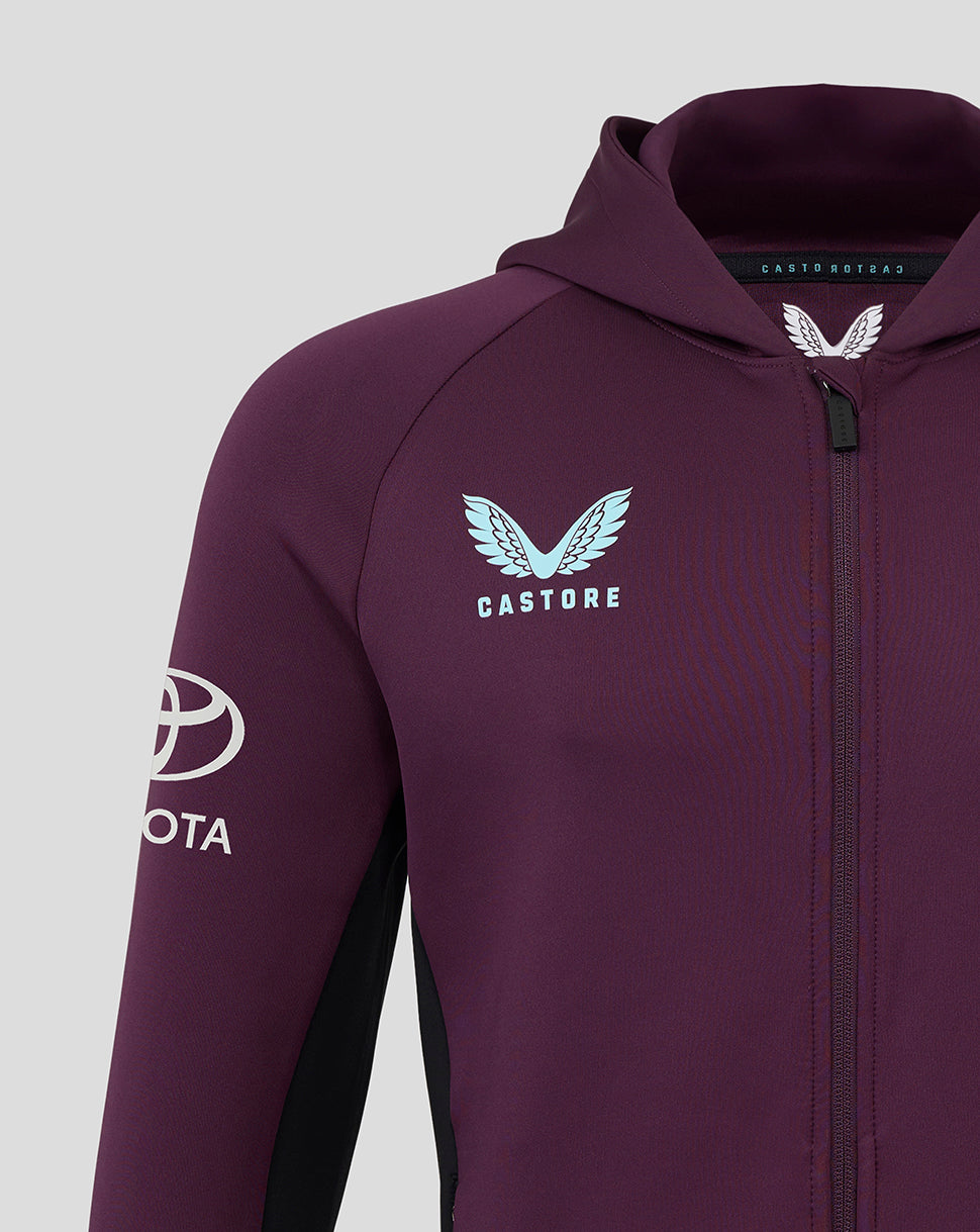 Close-up of plum training hoodie neck with zip front and Castore branding on the inside label