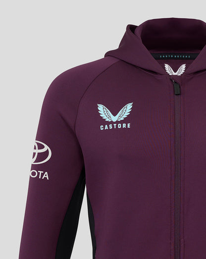 Close-up of plum training hoodie neck with zip front and Castore branding on the inside label