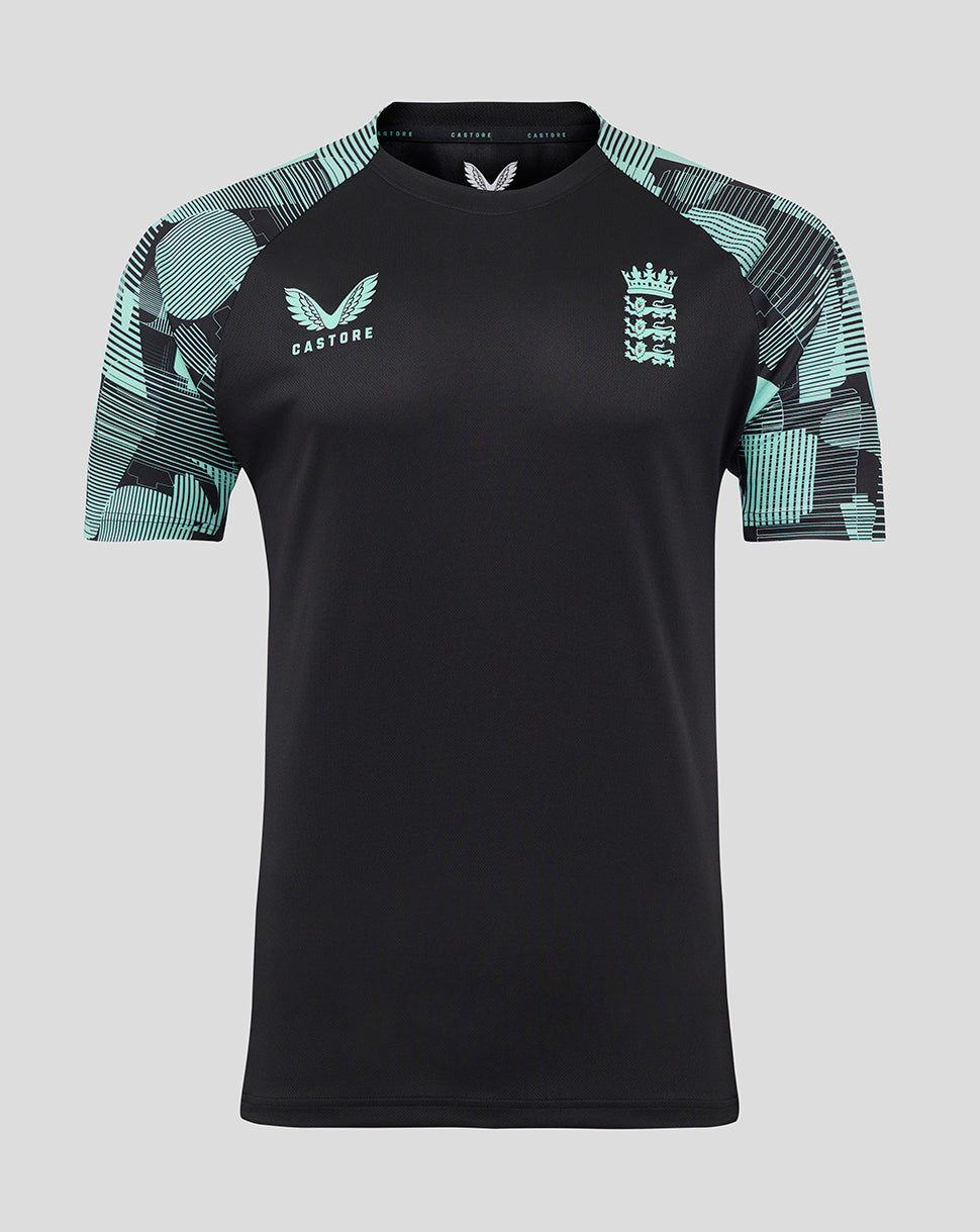 England Ashes men's 25/26 Pro Training short sleeve tee in black with turquoise patterned sleeves and chest crest