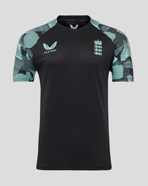 England Ashes men's 25/26 Pro Training short sleeve tee in black with turquoise patterned sleeves and chest crest