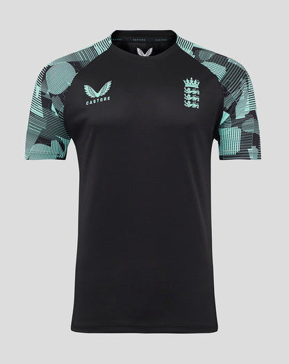 England Ashes men's 25/26 Pro Training short sleeve tee in black with turquoise patterned sleeves and chest crest