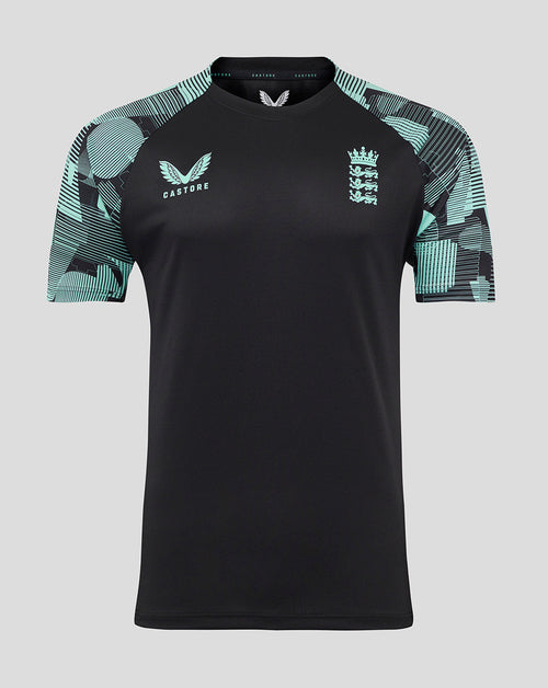 England Ashes men's 25/26 Pro Training short sleeve tee in black with turquoise patterned sleeves and chest crest