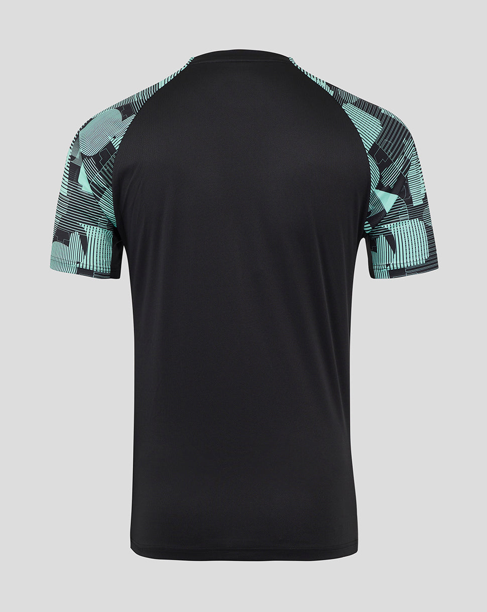 Back view of England Ashes Pro Training short sleeve tee showing black body and teal geometric patterned sleeves