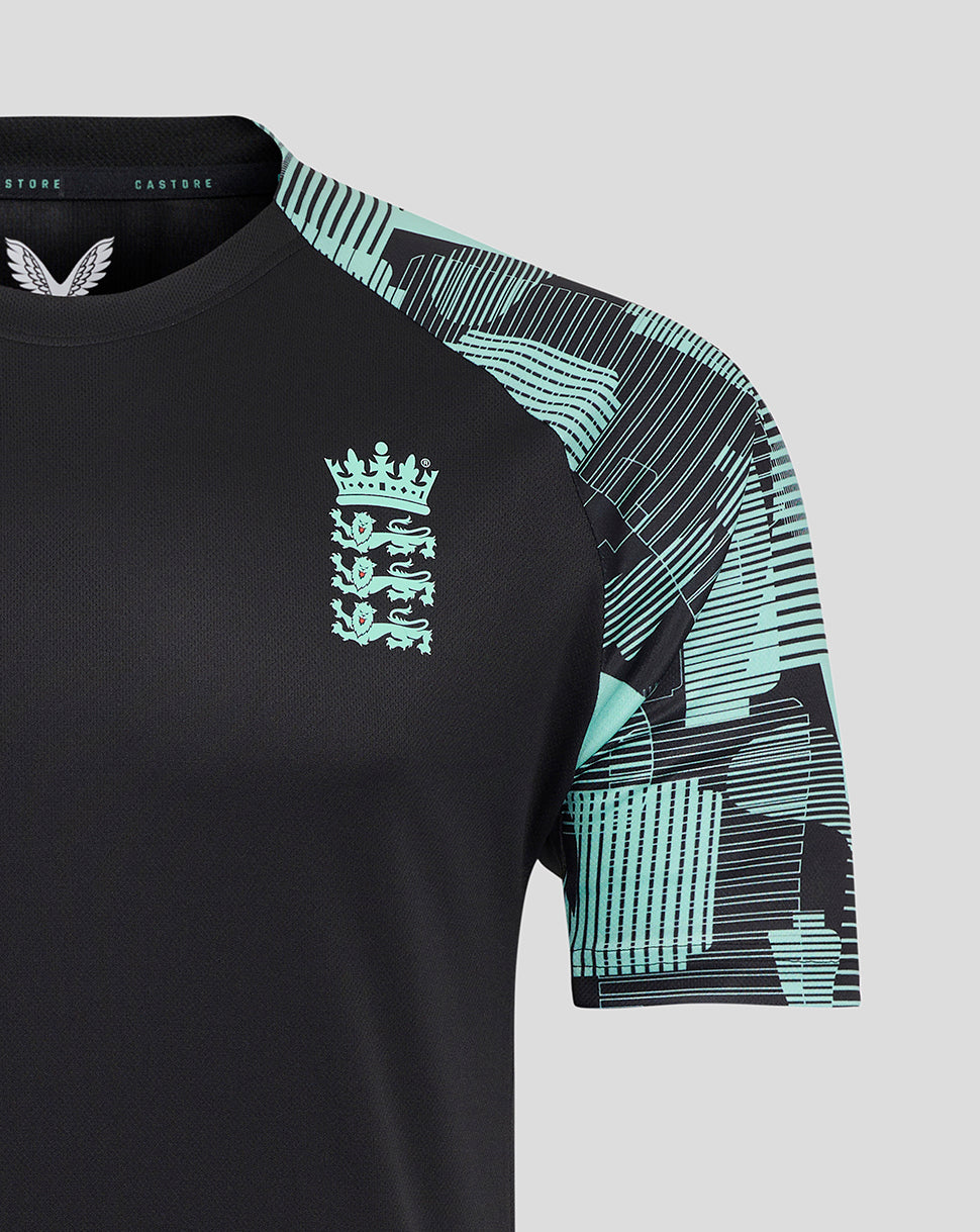 Front view of England Ashes Pro Training short sleeve tee in black with a teal England three lions crest on the chest