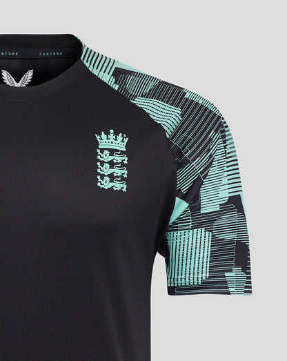 Front view of England Ashes Pro Training short sleeve tee in black with a teal England three lions crest on the chest