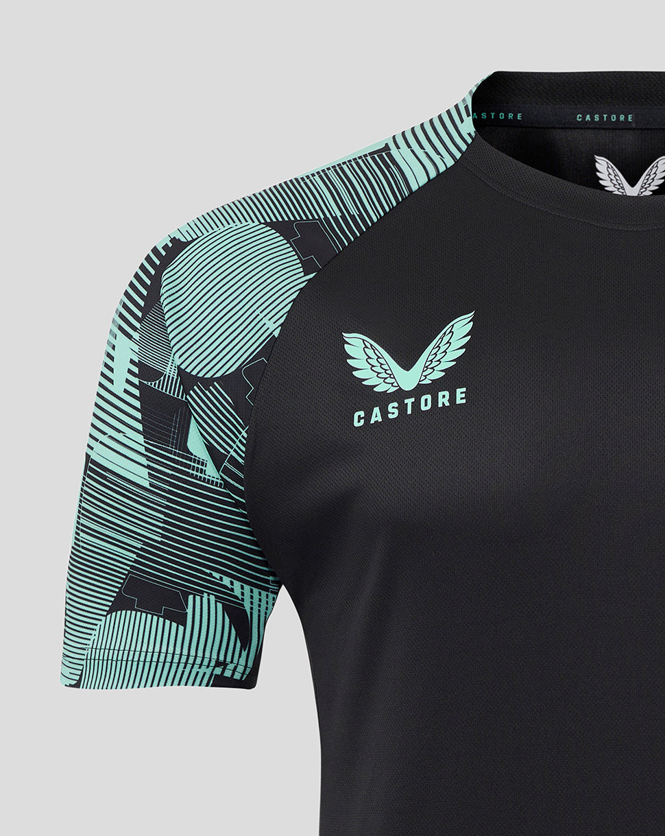 Back view of England Ashes Pro Training tee with teal patterned sleeves and Castore branding at the collar